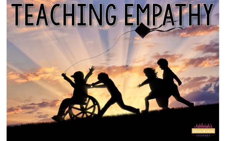 Teaching Empathy graphic with silhouettes of children playing on a hill at sunset.